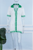 White Casual Striped Patchwork Turndown Collar Short Sleeve Dress