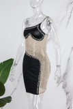 黒のセクシーなパッチワークホット掘削シースルーバックレス斜め襟スリングドレスドレス