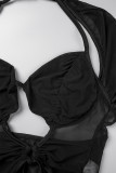 Vendaje estampado sexy negro ahuecado sin espalda halter manga corta dos piezas
