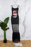 ブラック セクシー カジュアル プリント パッチワーク バックレス スパゲッティ ストラップ ロング ドレス ドレス