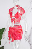 Tangerine Red Sexy Print Bandage Hollowed Out Backless Halter Short Sleeve Two Pieces