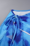 Bandagem estampada sexy azul escavada frente única manga curta duas peças