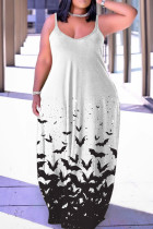 ホワイト ブラック カジュアル プリント バックレス スパゲッティ ストラップ ロング ドレス ドレス
