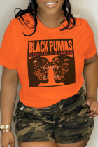T-shirt con scollo o patchwork con stampa vintage arancione Street