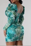 Groene casual print patchwork vierkante kraag lange mouwen jurken
