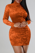 Vestidos de manga larga de cuello alto de patchwork sólido casual naranja