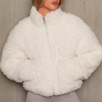 Prendas de abrigo con cuello mandarín de patchwork liso informal blanco crema