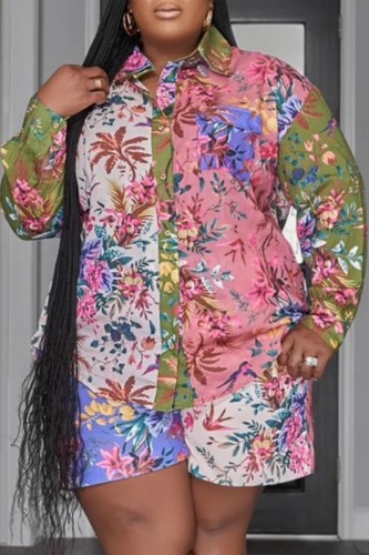 White Pink Casual Print Patchwork Shirt Collar Plus Size Two Pieces