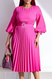 Blue Casual Elegant Solid Patchwork Fold With Belt O Neck Straight Dresses(Contain The Belt)