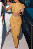 Yellow Sexy Solid Patchwork See-through O Neck Short Sleeve Two Pieces Crop Tops And Skirts Sets