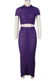 Purple Sexy Solid Patchwork See-through O Neck Short Sleeve Two Pieces