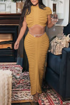 Yellow Sexy Solid Patchwork See-through O Neck Short Sleeve Two Pieces Crop Tops And Skirts Sets