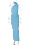 Blue Sexy Solid Backless Oblique Collar Long Dress Dresses