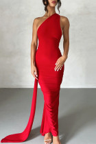 Röda sexiga solida rygglösa långa klänningar med sned krage