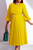 Piega patchwork solida elegante casual gialla con cintura o collo abiti dritti (contiene la cintura)