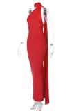 Rose Red Sexiga Solid Backless Oblique Collar Long Dress Klänningar