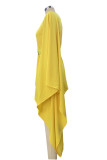Amarelo Casual Sólido Patchwork Com Cinto Gola Oblíqua Vestidos Irregulares