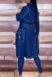 Deep Blue Elegant Solid Patchwork Pocket Frenulum Buckle Cardigan Collar Long Sleeve Mid Waist Straight Open Front Denim Trench Coat Denim Jacket
