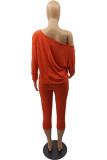 Tangerine Red Casual Solid Patchwork Draw String Oblique Collar Long Sleeve Two Pieces