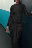 黒セレブのエレガントなソリッドパッチワーク O ネックラップスカートドレス