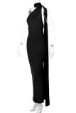 Черное сексуальное однотонное длинное платье с открытой спиной и косым воротником