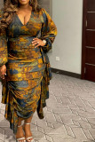 Gul Casual Daily Elegant blandad utskrift lapptäcke volangtryck Kontrast V-hals klänningar