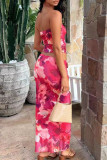 Rose Red Sexy Street Print Patchwork Backless Strapless Sleeveless Two Pieces