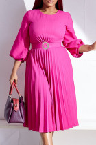 Roze Rood Casual Elegant Solide Patchwork Vouw met riem O-hals Rechte jurken (bevatten de riem)