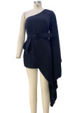 Black Casual Solid Patchwork With Belt Oblique Collar Irregular Dress Dresses