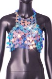 Light Blue Sexy Patchwork See-through Backless O Neck Tops