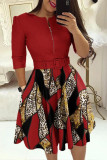 Красные элегантные клетчатые геометрические полосатые лоскутные платья с поясом и принтом на молнии с круглым вырезом и трапециевидными платьями