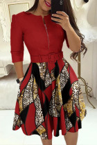 Red Elegant Plaid Geometric Striped Patchwork With Belt Printing Zipper O Neck A Line Dresses