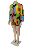 Vit Rosa Casual Print Patchwork Skjortkrage Plus Size Two Pieces