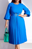 Yellow Casual Elegant Solid Patchwork Fold With Belt O Neck Straight Dresses(Contain The Belt)