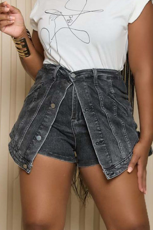 Black Street Solid Patchwork Buckle Zipper Mid Waist Loosen Up Denim Shorts