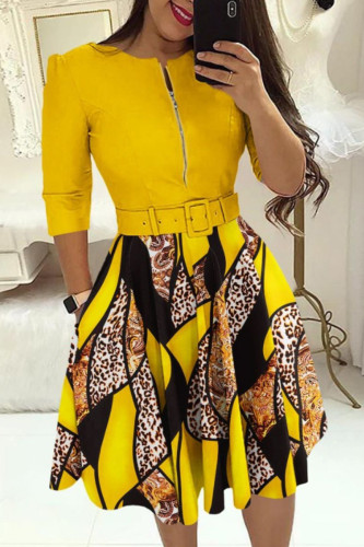 Yellow Elegant Plaid Geometric Striped Patchwork With Belt Printing Zipper O Neck A Line Dresses