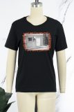 Black Casual Vintage Print Patchwork O Neck T-Shirts