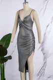 Серебряные сексуальные однотонные платья-юбки с разрезом и разрезом на спине