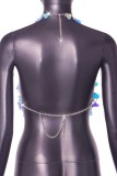 Голубые сексуальные лоскутные прозрачные топы с открытой спиной и круглым вырезом
