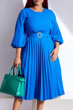 Azul casual elegante sólido retalhos dobra com cinto o pescoço vestidos retos (contém o cinto)