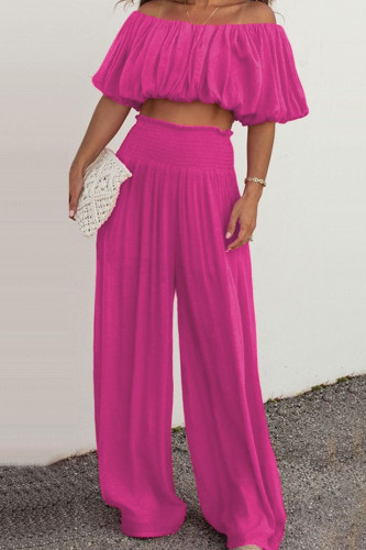 Rose Red Casual Solid Backless Off the Shoulder Half Sleeve Two Pieces