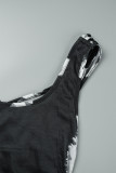 Schwarzes sexy gestreiftes Patchwork-Kleid mit rückenfreiem U-Ausschnitt und Weste