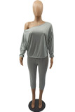 Grey Casual Solid Patchwork Draw String Oblique Collar Long Sleeve Two Pieces