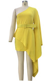 Yellow Casual Solid Patchwork With Belt Oblique Collar Irregular Dress Dresses