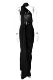Svarta sexiga solida rygglösa långa klänningar med sned krage