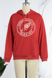Red Casual Street Print Draw String Hooded Collar Tops