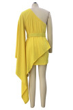 黄色カジュアル固体パッチワークベルト斜め襟不規則なドレスドレス