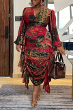 Rojo Casual Diario Elegante Impresión mixta Patchwork Volante Impresión Contraste Cuello en V Vestidos
