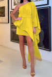 黄色カジュアル固体パッチワークベルト斜め襟不規則なドレスドレス