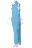 Blue Sexy Solid Backless Oblique Collar Long Dress Dresses